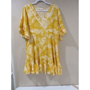 Label of Love Dress Women Lg Yellow Leaf Print Bell Sleeve Knee Length BabyDoll